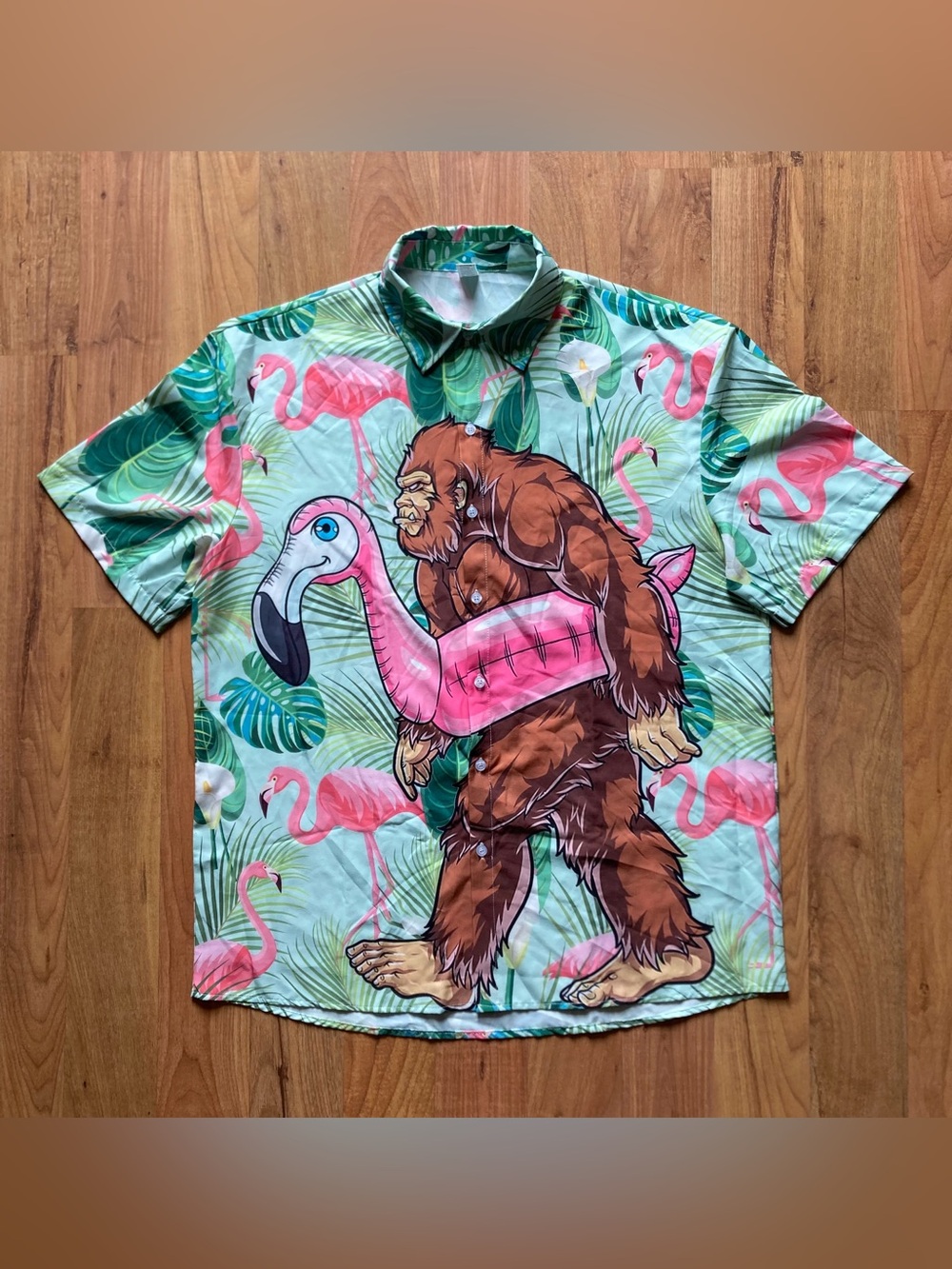Big Foot Pink Flamingo Floral Mens XL Hawaiian Unbranded Short Sleeve Shirt